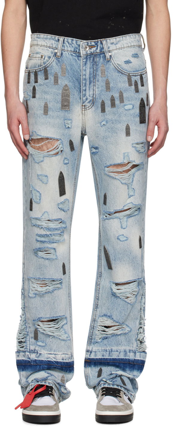 Jeans Who Decides War Amplified Gnarly Flared Jeans with Tombstone Appliqués Plava | 1120800008SS24