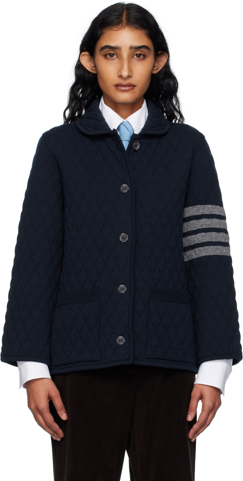 Jakna Thom Browne Thom Browne Quilted Knit Merino Wool 4-Bar Work Jacket Tamnoplava | FKJ117A-Y1029