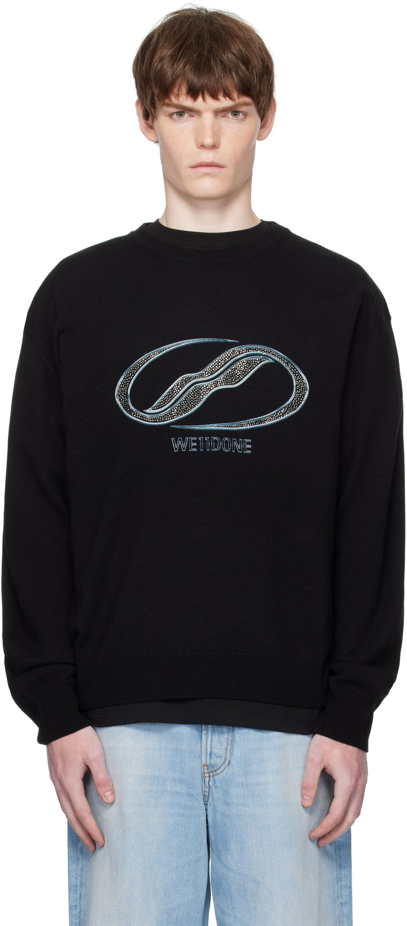 Džemper We11done We11done Logo Rhinestone Knit Pullover Crna | WD-KO2-25-652-U-BK