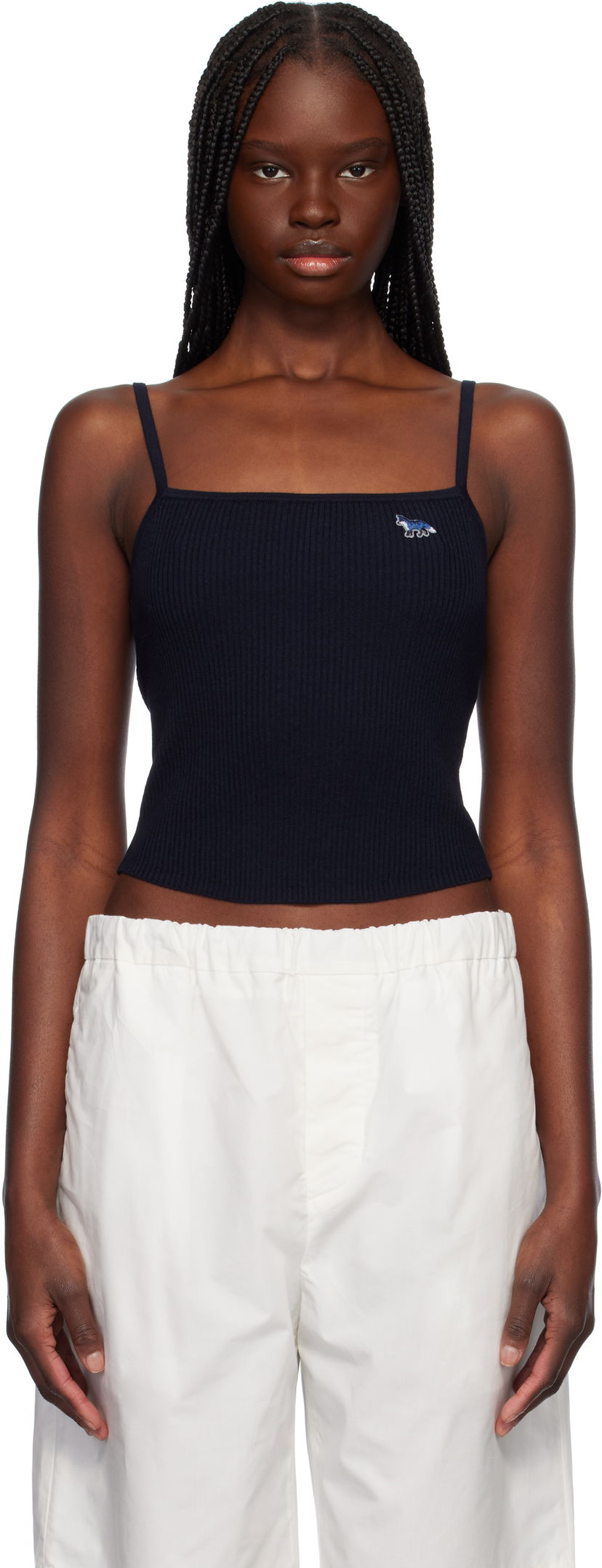 Majica bez rukava MAISON KITSUNÉ Maison Kitsuné Baby Fox Patch Fine Rib Cropped Camisole Tamnoplava | OW00601KT1091