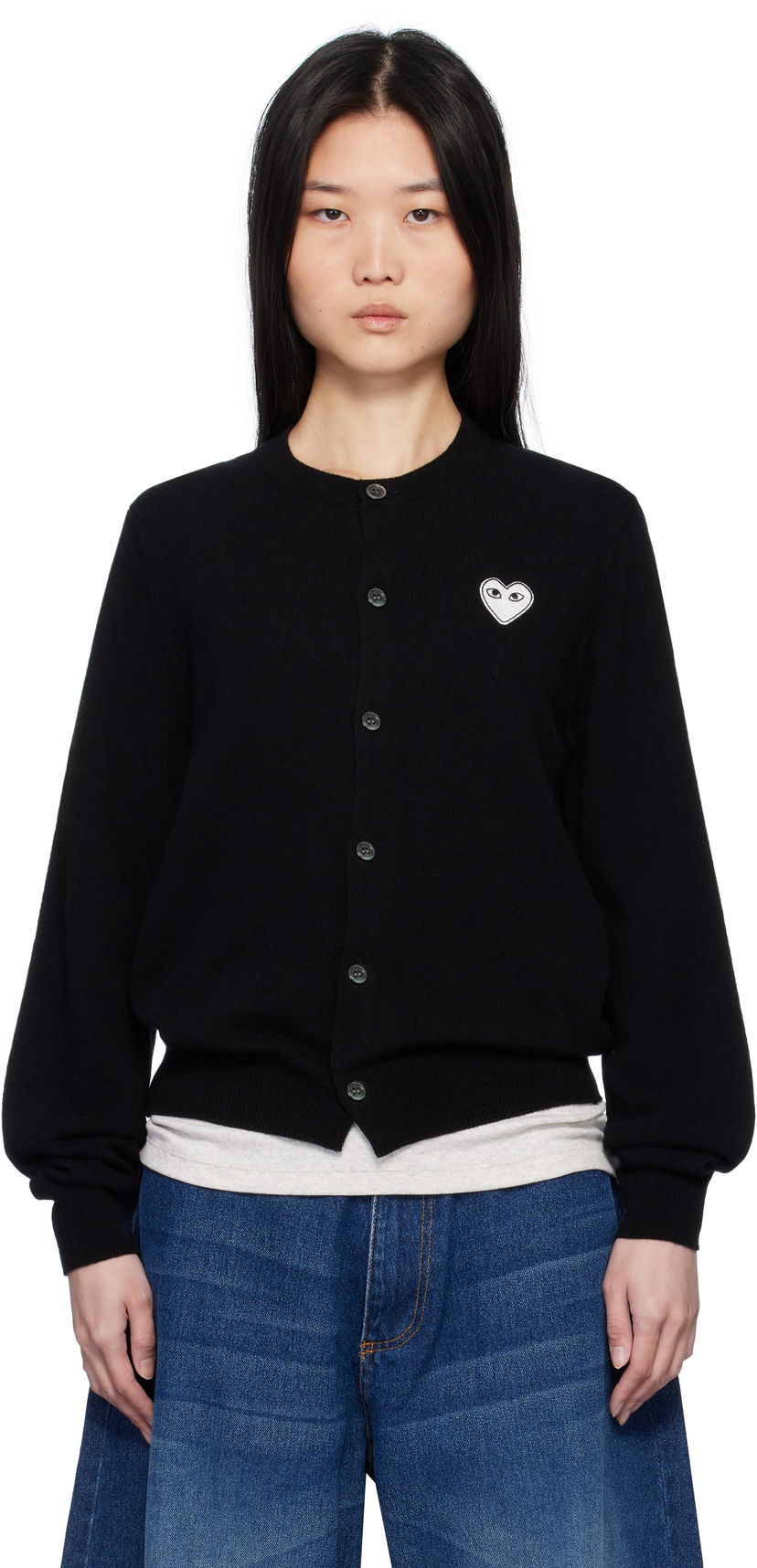 Džemper Comme des Garçons Black Cardigan With White Heart Crna | AX-N061-051
