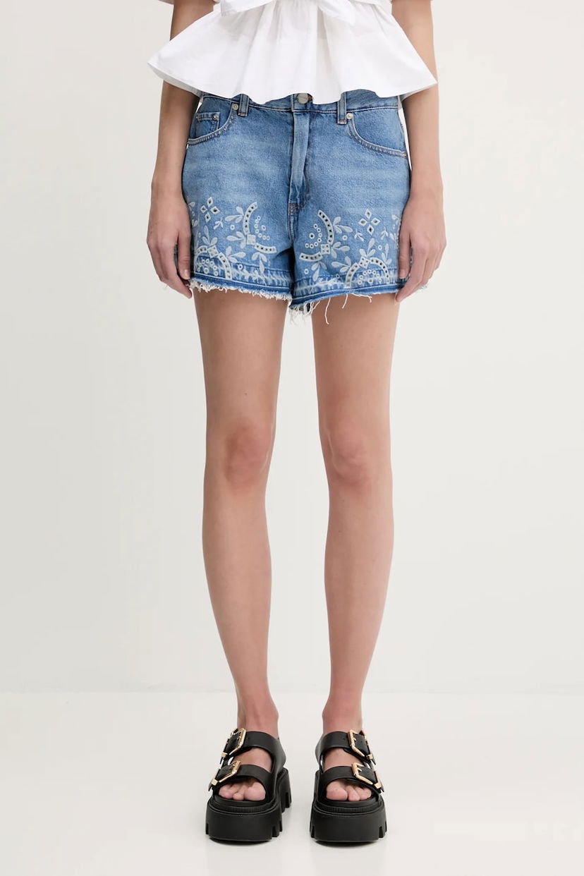 Kratke hlače GANNI GANNI Broderie Anglaise High-Waist Denim Shorts Plava | J1678