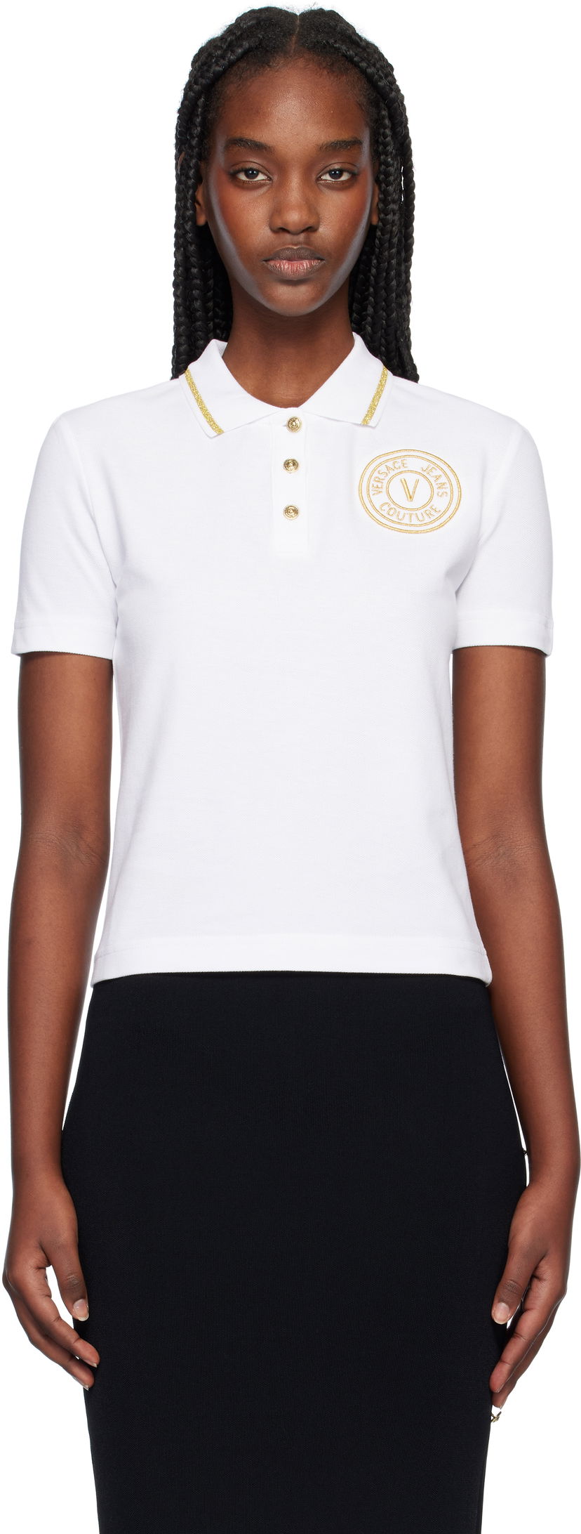 Polo majica Versace White Cropped Polo with Gold Emblem Bijela | E77HAGT00_ECJ01T