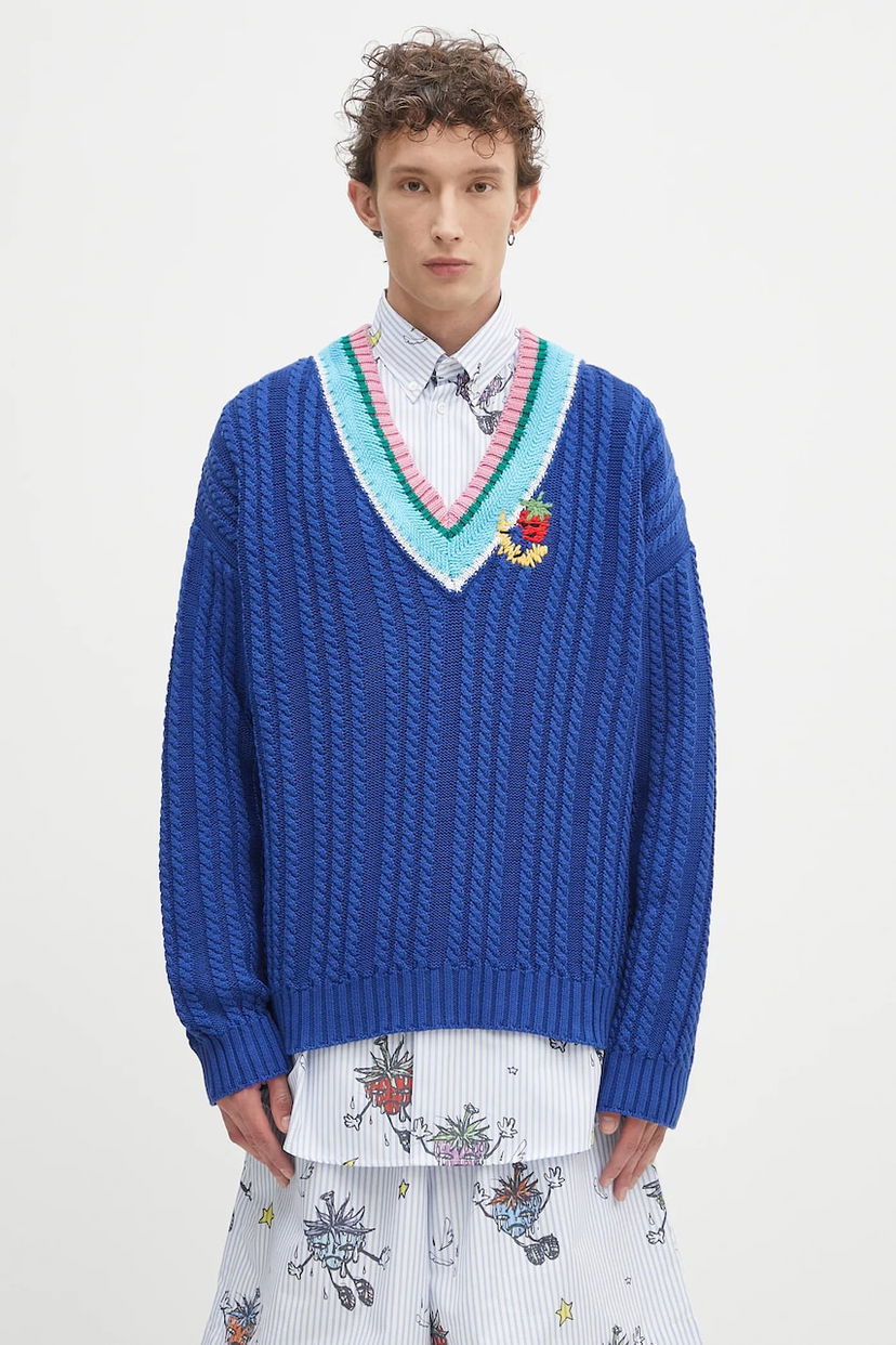 Džemper Sky High Farm Sky High Farm Cableknit V-Neck Sweater Plava | SHF07N007