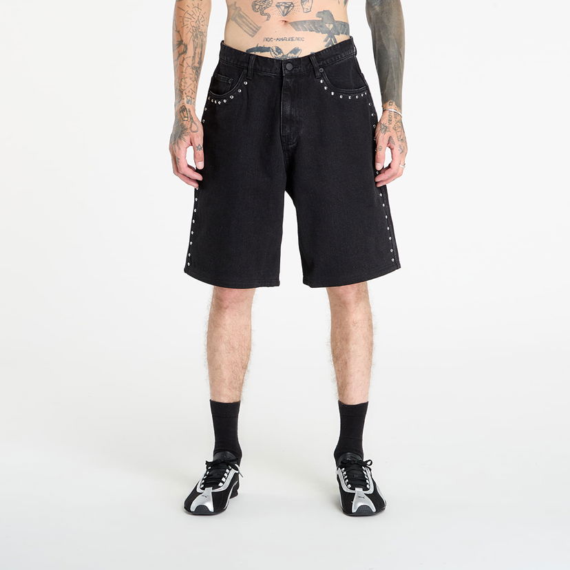 Kratke hlače Pleasures PLEASURES Daft Club Lucky Studded Denim Shorts Crna | P25DP005-BLACK