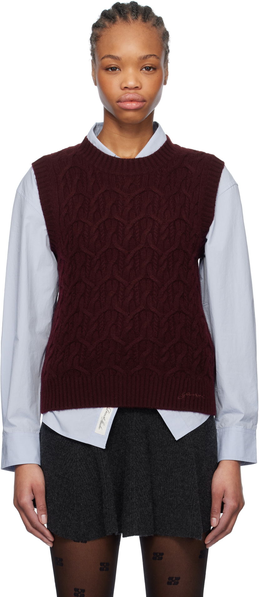Džemper GANNI GANNI Wool Cashmere Cable Knit Vest Tamnocrvena | K2350