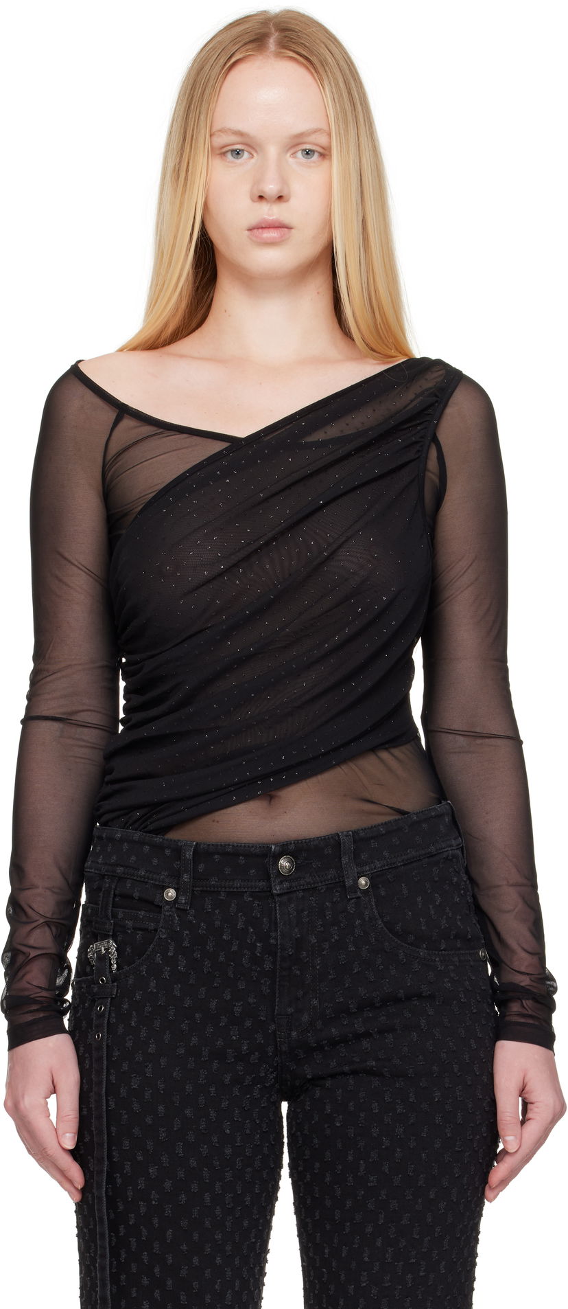 Majica kratkih rukava Versace Versace Jeans Couture 'STR' Tulle Glitter Long Sleeve Top Crna | E78HAH600_EJ0192