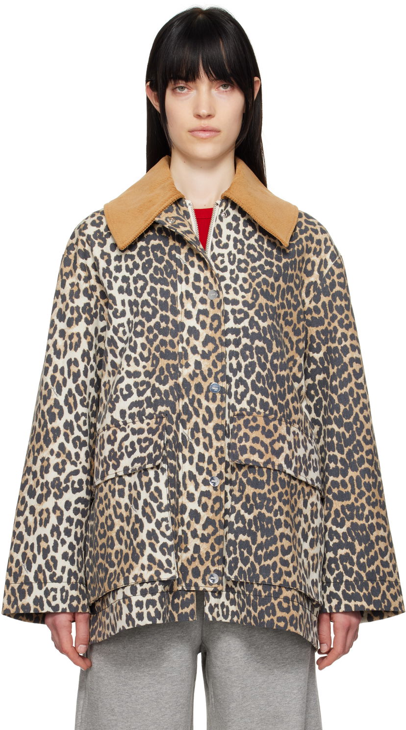 Kaputi GANNI Ganni Leopard Print Canvas Midi Jacket Bež | W0391