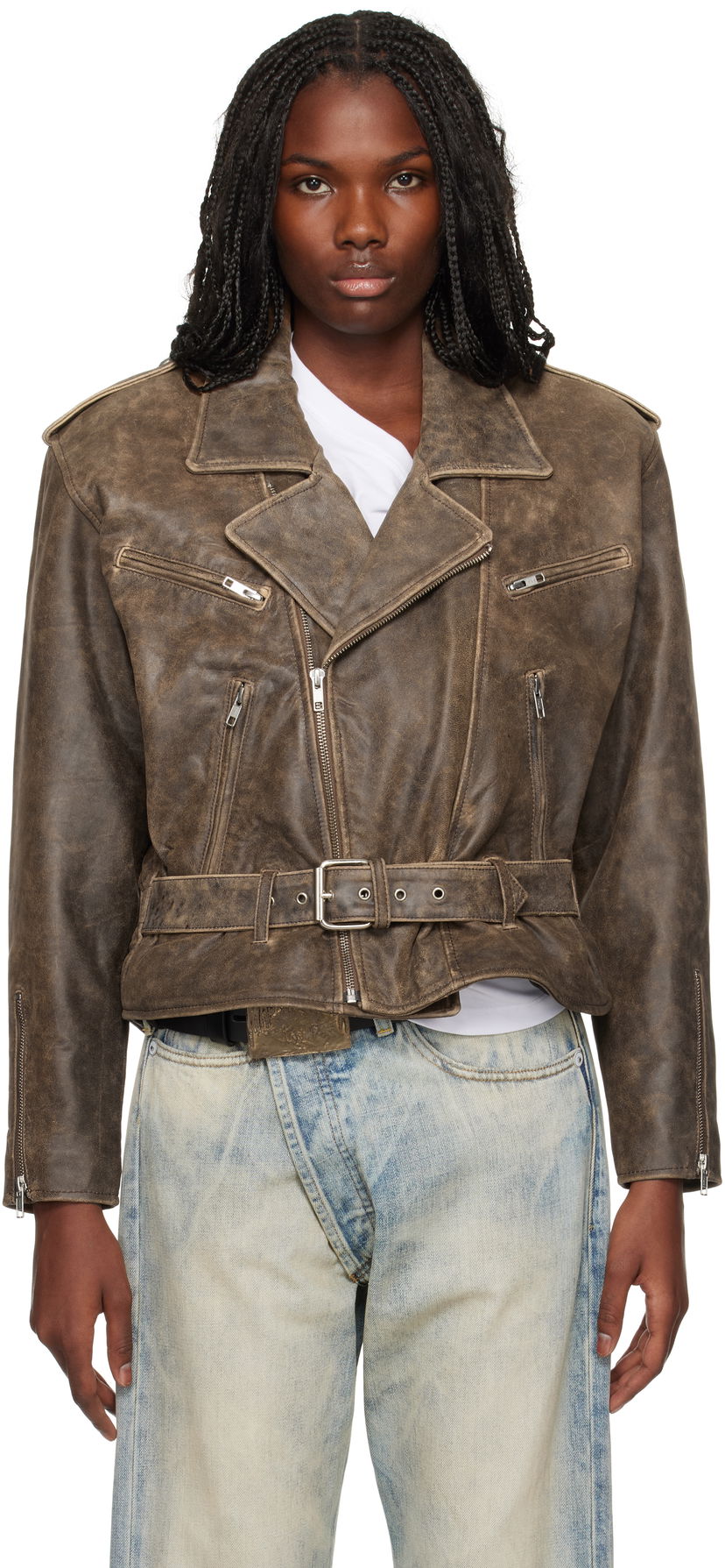 Jakna R13 R13 Exaggerated Shoulder Leather Motorcycle Jacket Smeđa | R13WR323-R434A
