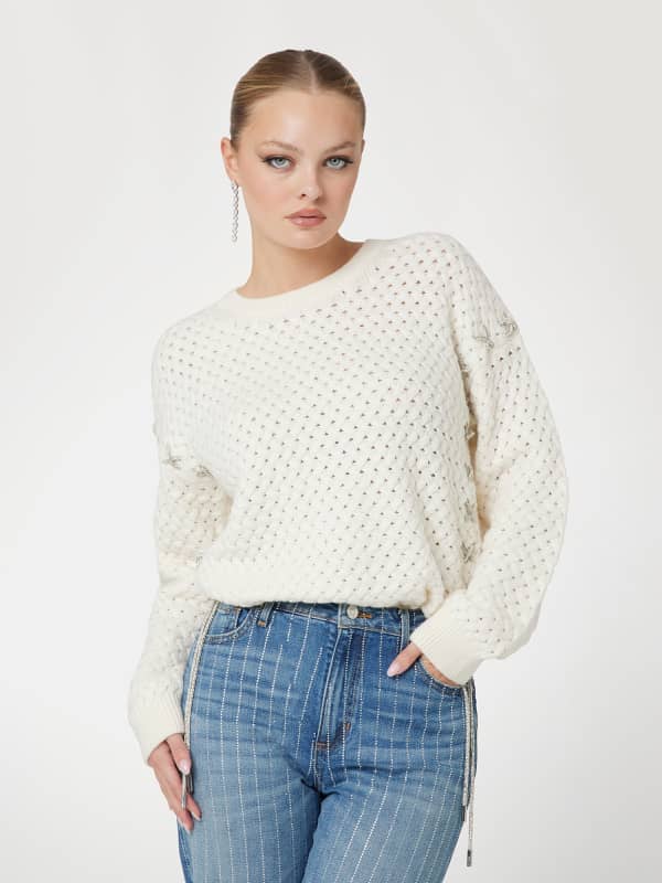 Džemper GUESS Cable Knit Open Stitch Sweater Bijela | W5RR13Z3KY0