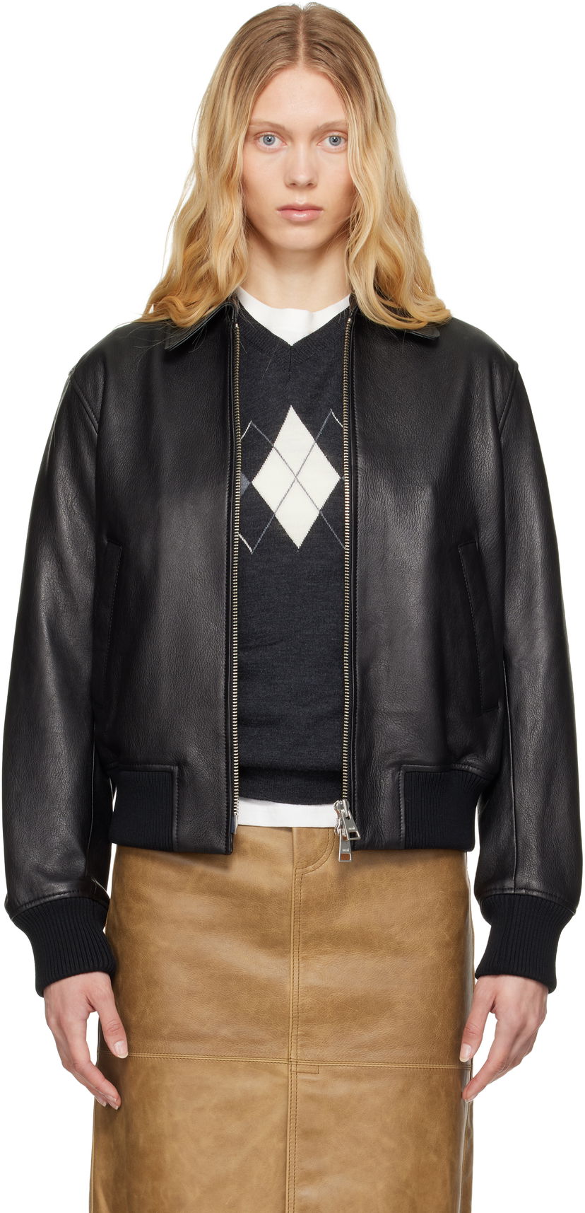 Bomber jakna AMI AMI Paris Zipped Leather Jacket Crna | UJK078.LH0044