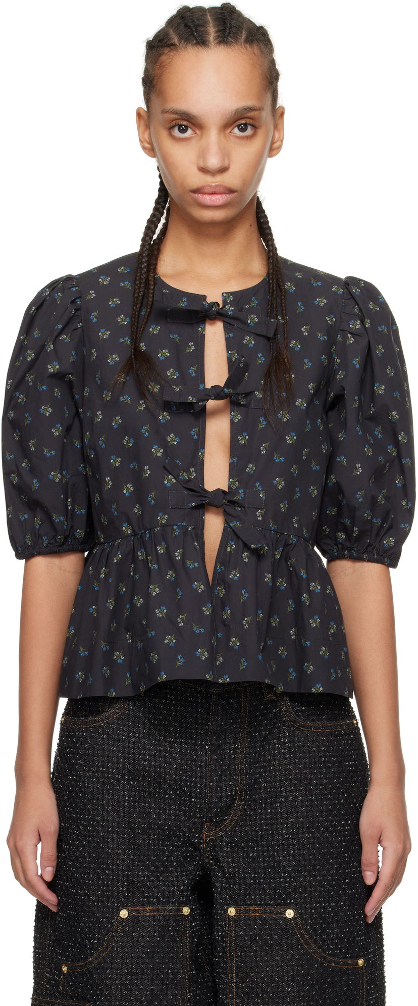Košulja GANNI GANNI Printed Cotton Peplum Blouse Crna | W0152