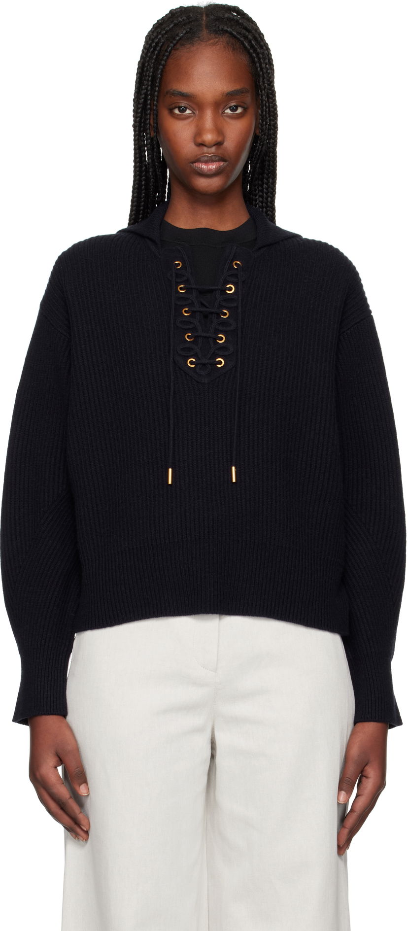 Džemper Max Mara Max Mara Eccelso Lace-Up Ribbed Knit Hoodie Tamnoplava | 2511361161600