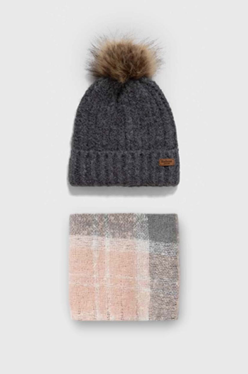 Kapica Barbour Knitted Pom-Pom Beanie Hat and Scarf Set Siva | LGS0077