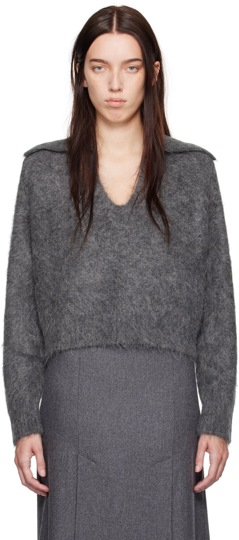 Džemper Loulou de Saison Loulou de Saison Ambrose Cropped Collared Sweater Siva | AMBROSE