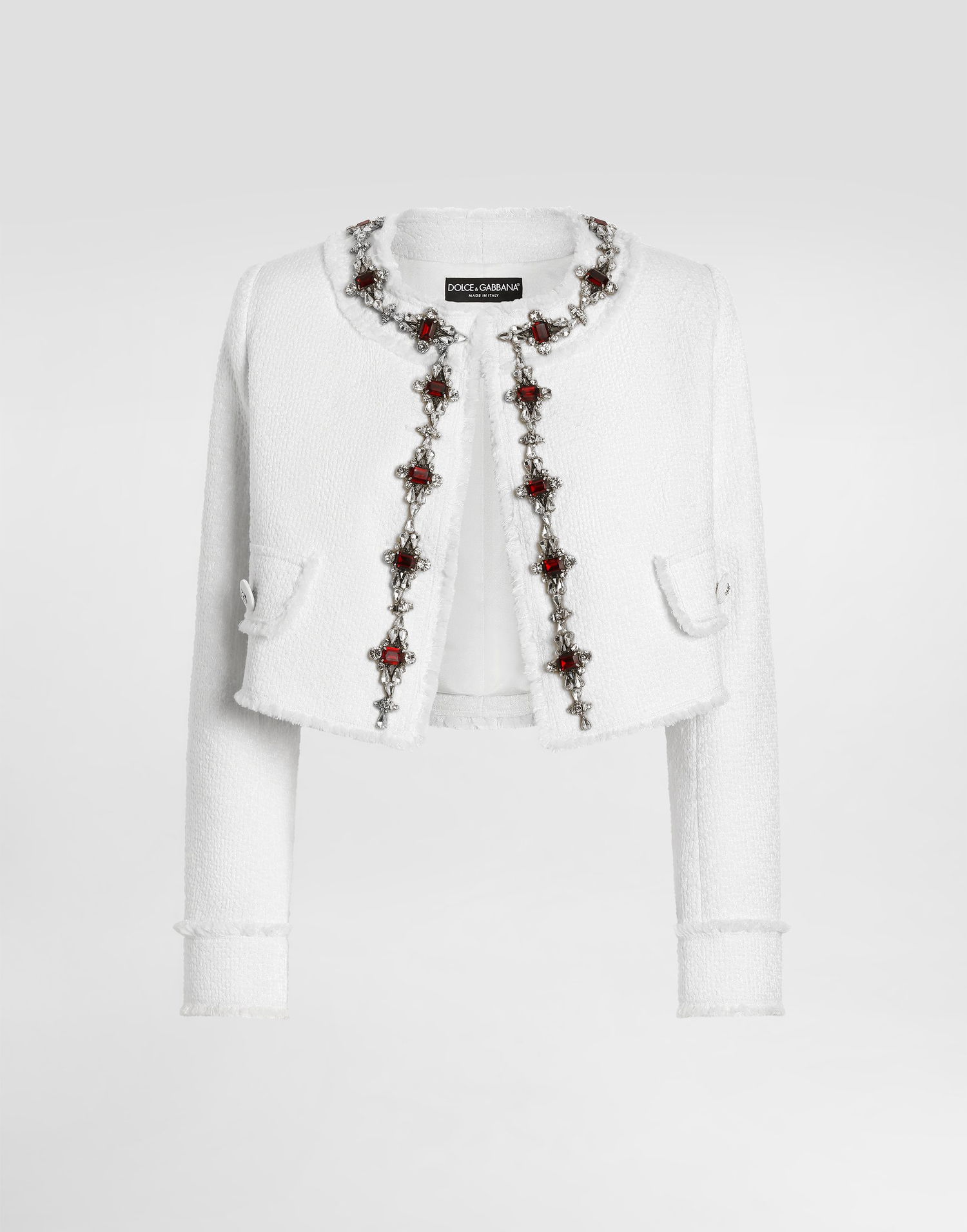 Jakna Dolce & Gabbana Dolce & Gabbana Short Tweed Jacket With Jewel Embroidery Bijela | F26X8ZHUMUAW3789, 0