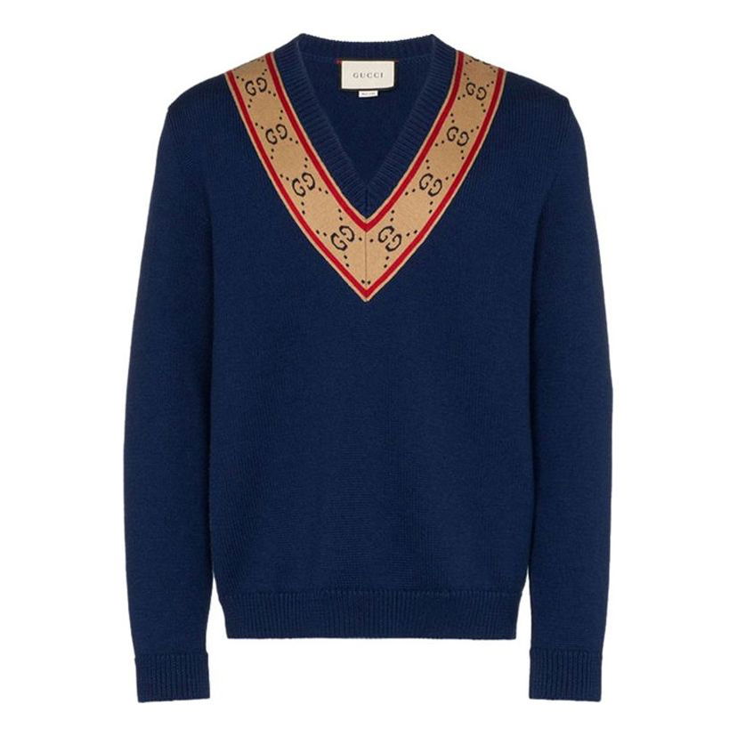 Džemper Gucci V-Neck Wool Sweater Plava | 577089-XKAU0-4912