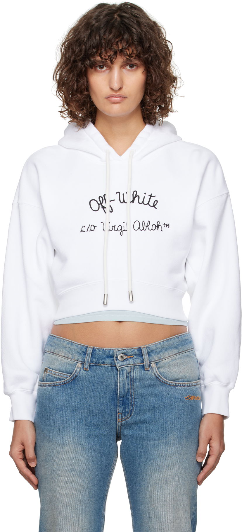 Dukserice Off-White Embroidered Script Logo Cropped Hoodie Bijela | OWBB056F24FLE0030110