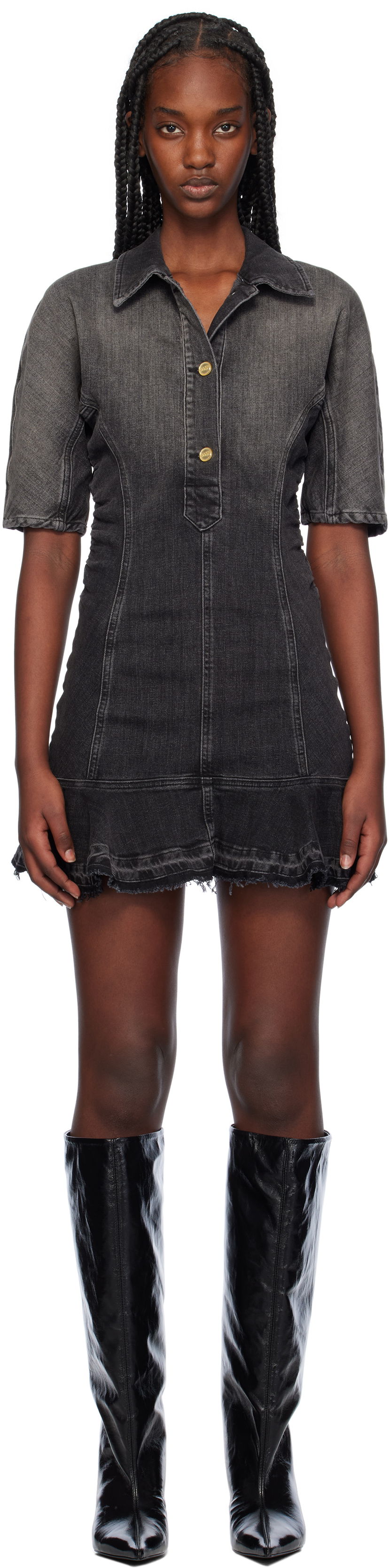 Haljina GANNI Faded Denim Mini Dress Crna | J1539