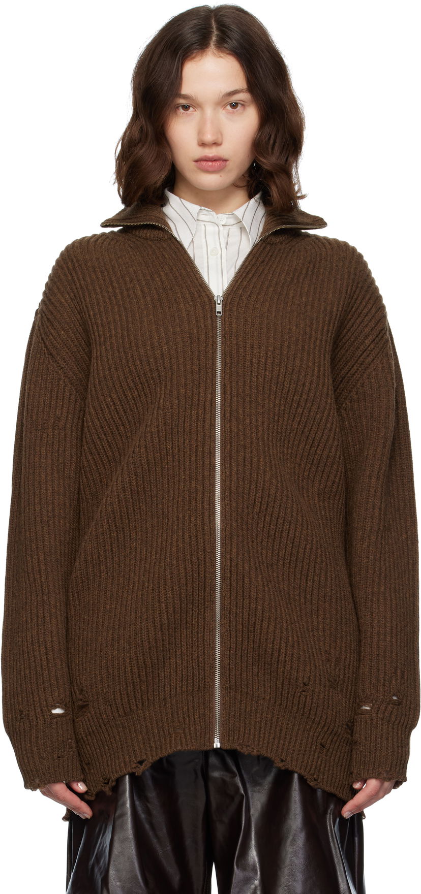 Džemper Maison Margiela MM6 Maison Margiela Ribbed Knit Zip-Up Sweater Smeđa | S52AM0322 M13138