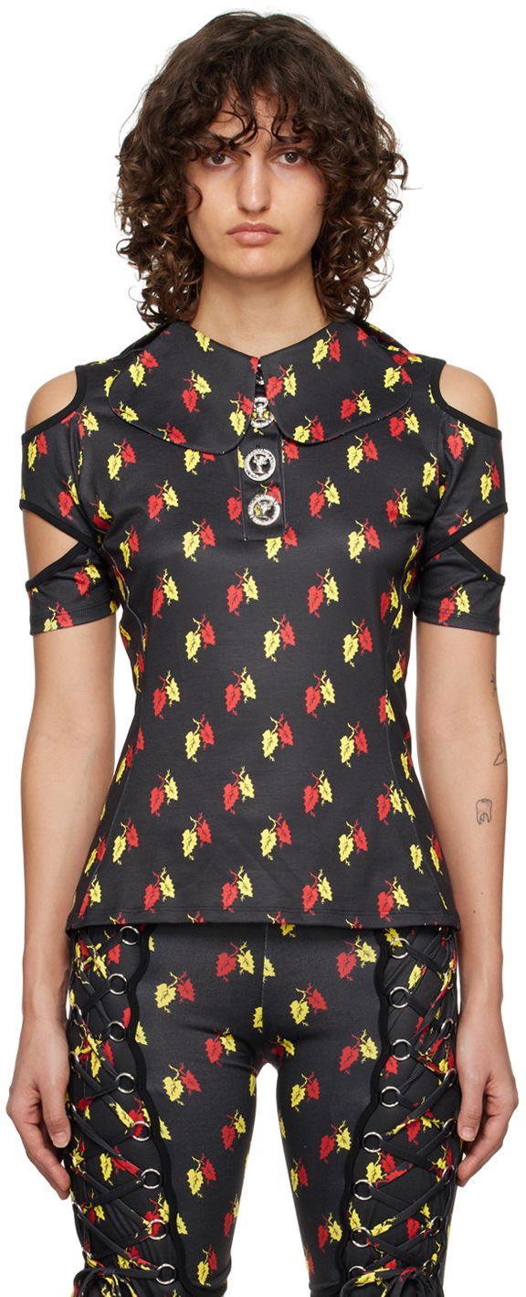 Polo majica Chopova Lowena Leaf Print Cut-Out Polo Crna | 2162