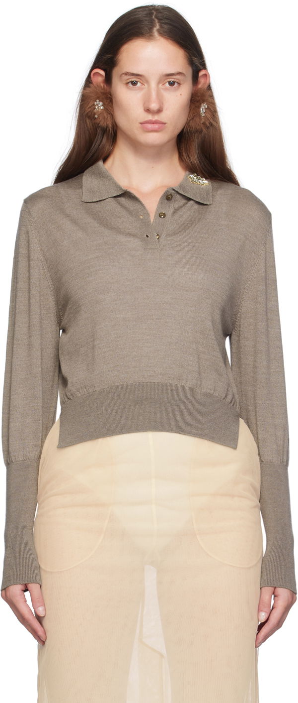Polo majica Simone Rocha Simone Rocha Merino Silk Knit Long Sleeve Polo Smeđa | KMK4B 0647