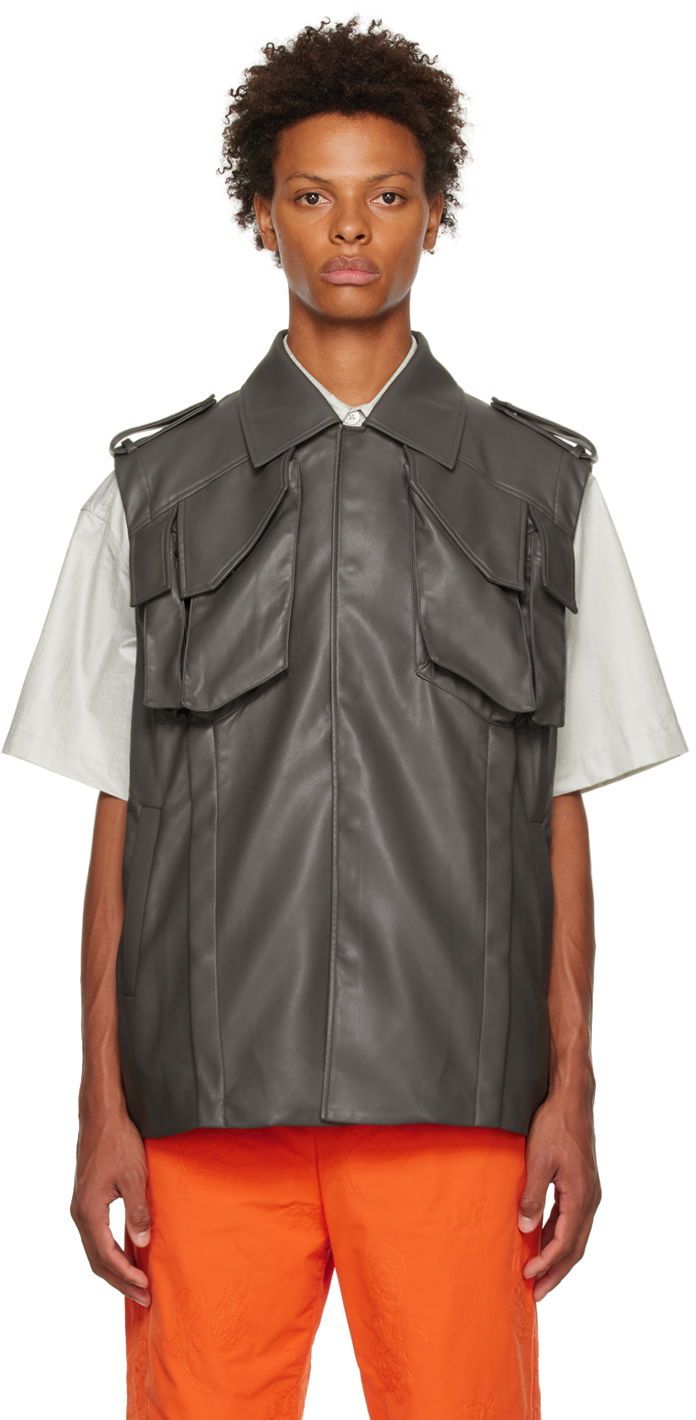 Prsluk Feng Chen Wang Feng Chen Wang Vented Faux-Leather Vest Siva | FMF14VS04