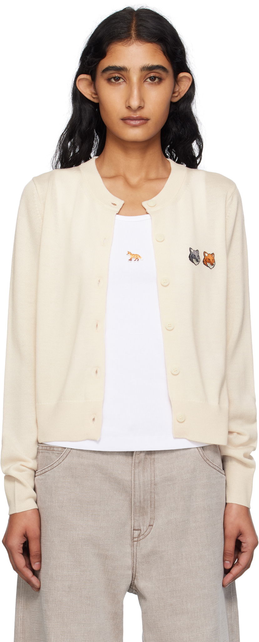 Džemper MAISON KITSUNÉ Maison Kitsuné Double Fox Head Patch Cardigan Bež | OW051CFKT1036