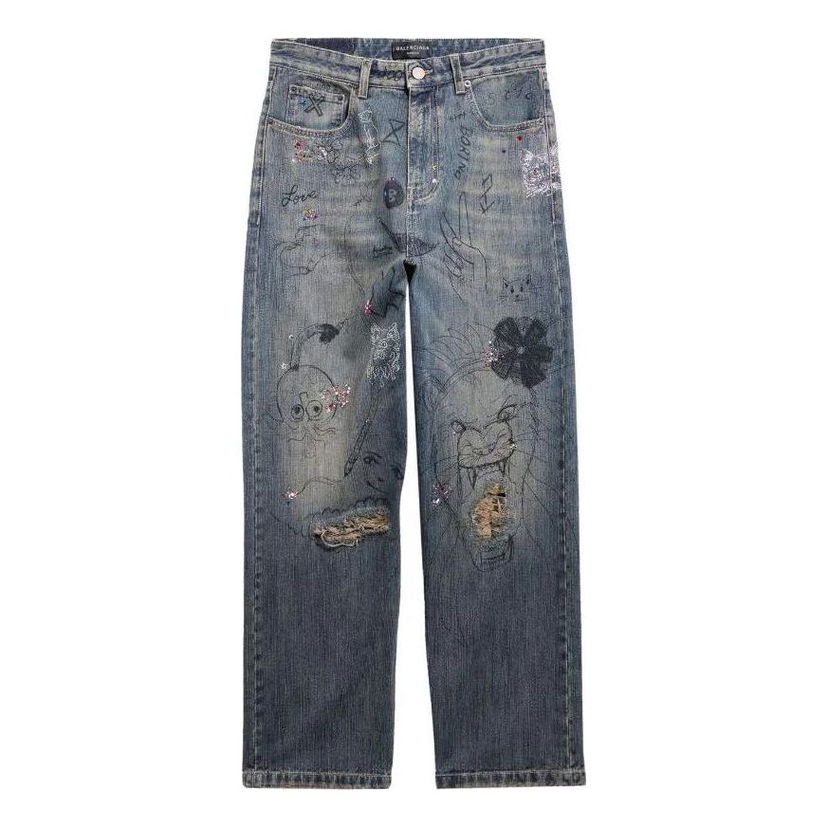 Jeans Balenciaga Balenciaga Doodle-Print Straight Denim Pants Plava | 746986TOW664036