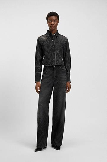 Jakna BOSS Cropped regular-fit crystal-embellished chevron denim jacket Crna | 50548445, 1