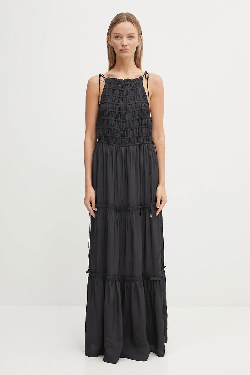 Haljina GANNI GANNI Viscose Habotai Maxi Smock Slip Dress Crna | W0571