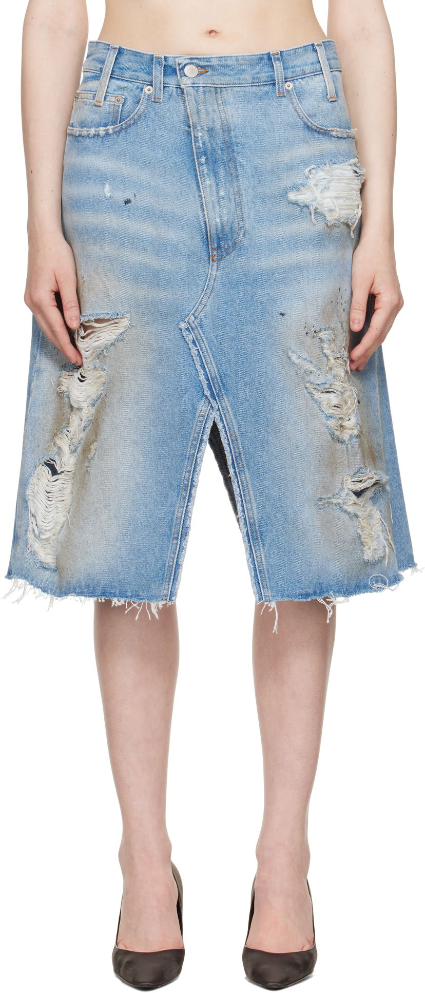 Suknja Maison Margiela MM6 Maison Margiela Distressed Denim Midi Skirt Plava | S62MI0034 M30018
