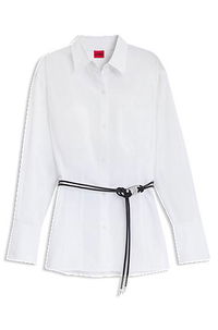 Slim Fit Long Blouse with Faux Leather Belt