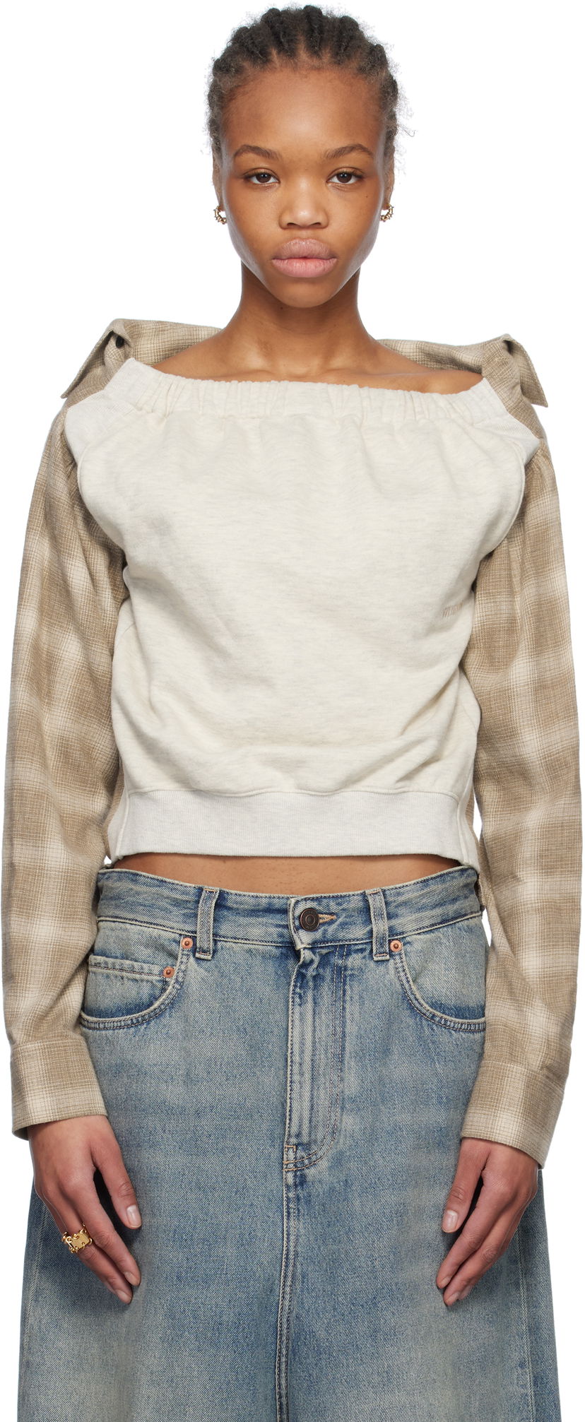 Džemper We11done We11done Check Panel Off-Shoulder Sweatshirt Bež | WD-BL0-25-153-W-BG
