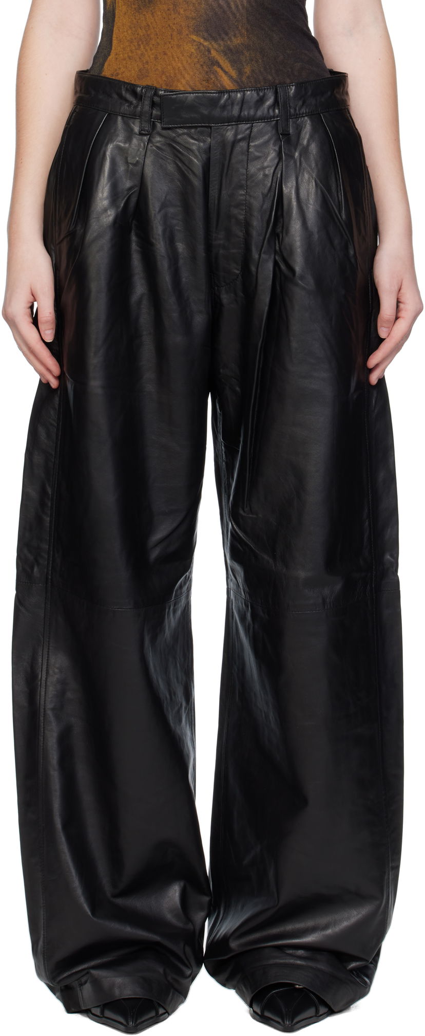 Hlače R13 R13 Pleated Wide Leg Leather Pants Crna | R13WR440-R426A