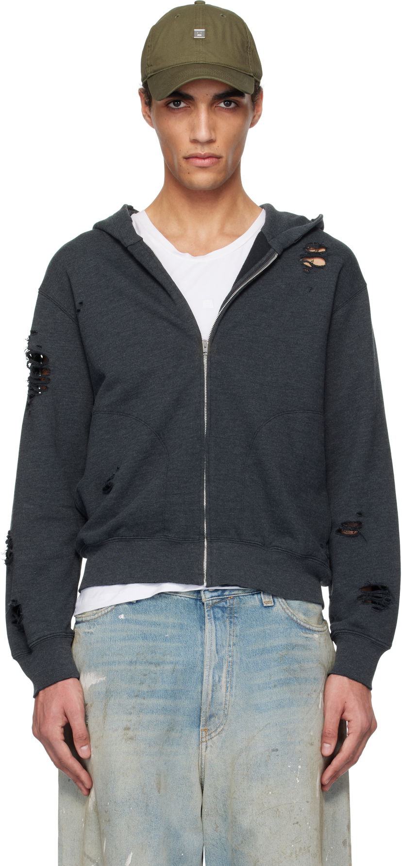 Dukserice Acne Studios Acne Studios Distressed Zip-Up Hoodie Siva | CI0183-