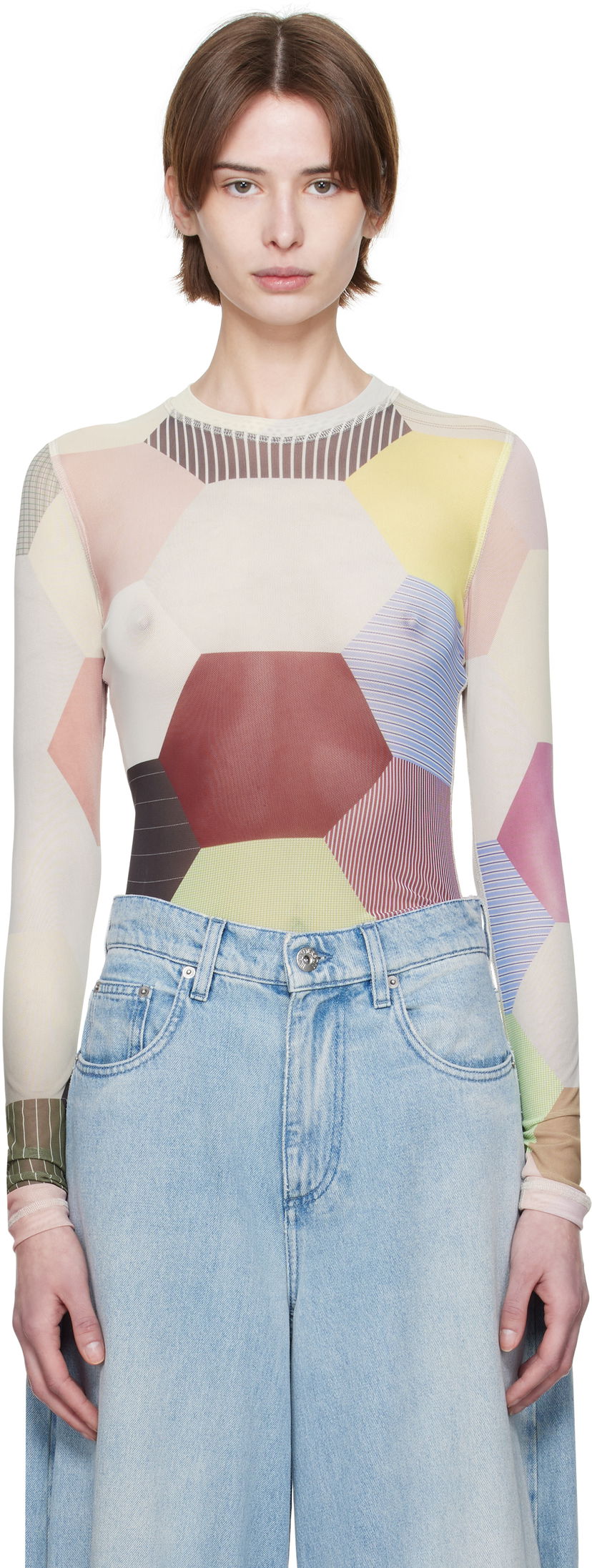 Body JW Anderson JW Anderson Patchwork Print Sheer Long Sleeve T-Shirt Višebojno | JO0138-PG1722