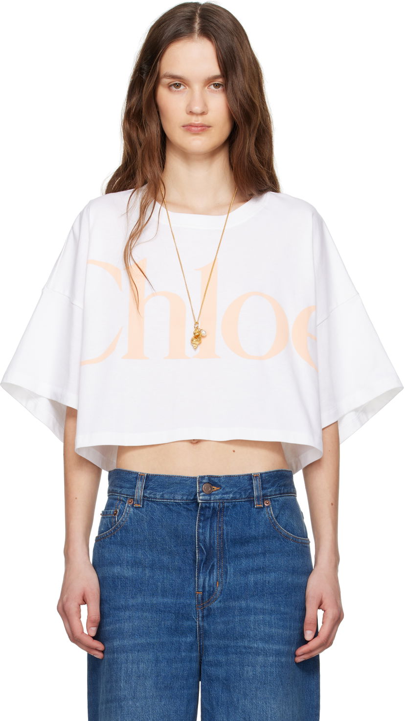 Crop top CHLOÉ Chloe Oversized Cropped Logo T-Shirt Bijela | CH25UJH09183