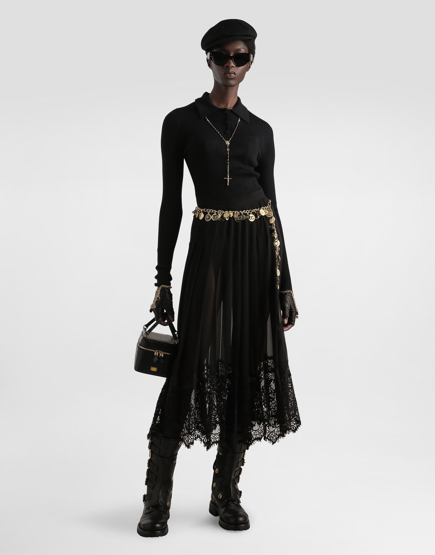 Suknja Dolce & Gabbana Dolce & Gabbana Pleated Chiffon Midi Skirt with Lace Trim Crna | F4C6ATFUSNWN0000, 1