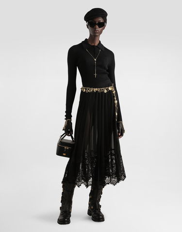 Suknja Dolce & Gabbana Dolce & Gabbana Pleated Chiffon Midi Skirt with Lace Trim Crna | F4C6ATFUSNWN0000, 1
