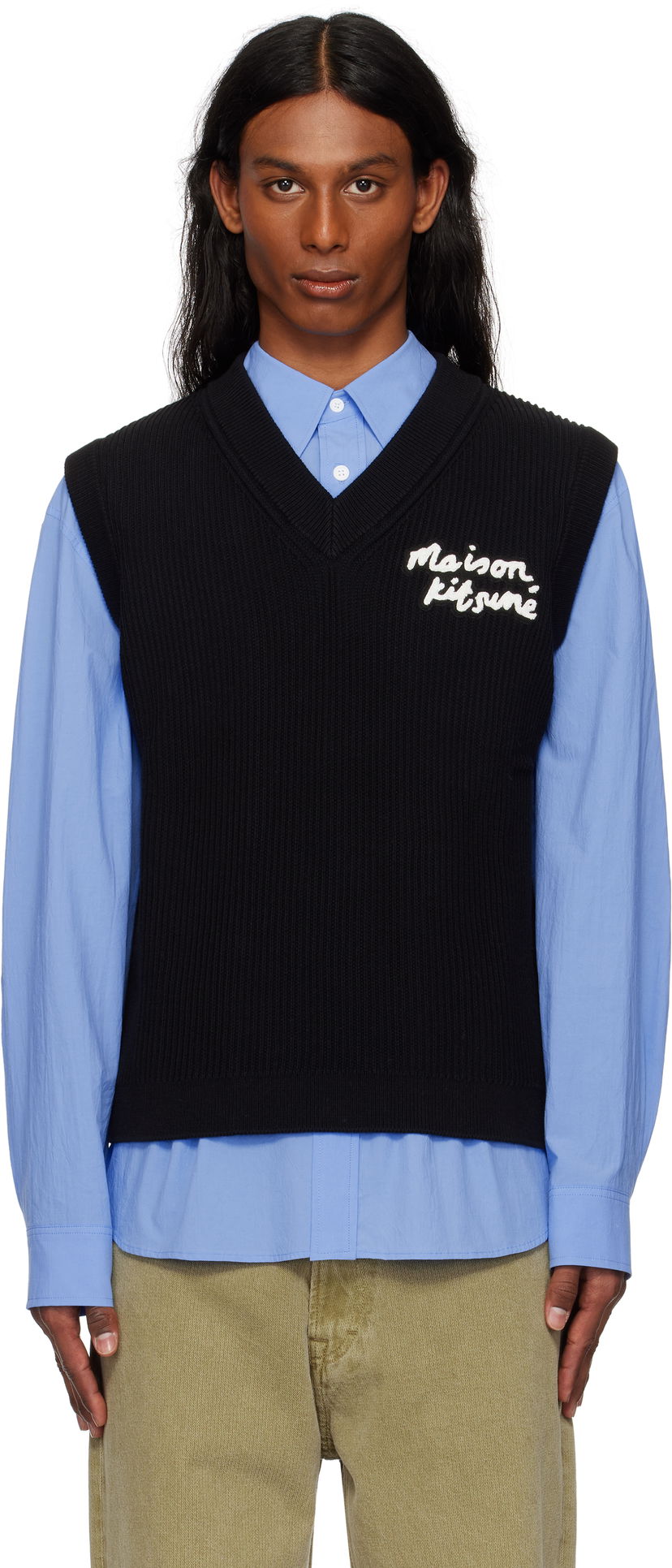 Džemper MAISON KITSUNÉ Maison Kitsuné Handwriting Ribbed Vest Crna | OM00810KT1126