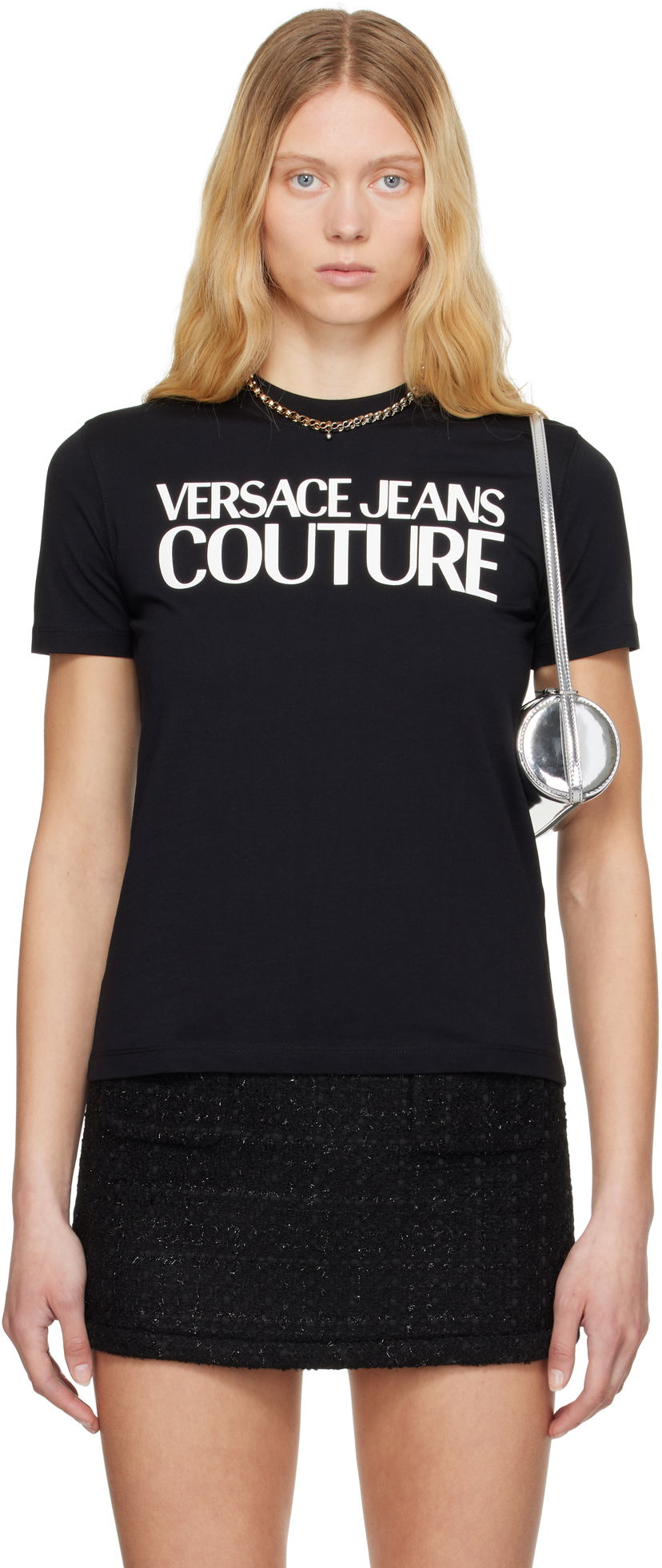 Majica kratkih rukava Versace Versace Jeans Couture Screen-Printed T-Shirt Crna | E78HAHE05_ECJ00E
