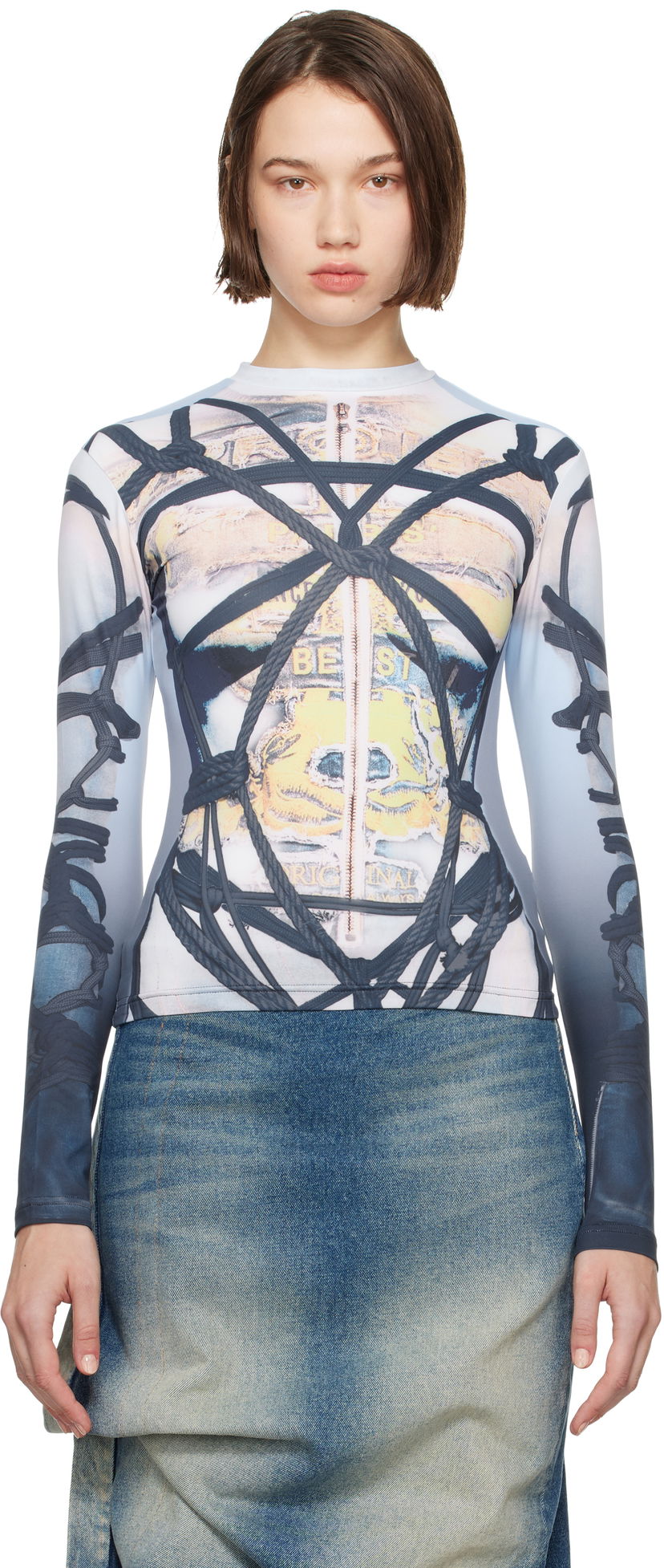 Majica kratkih rukava Y/PROJECT Bondage Print Long Sleeve Fitted T-shirt Plava | 104TO012