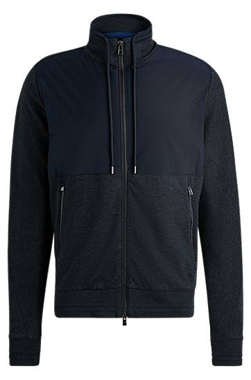 Jakna BOSS Regular-Fit Mixed-Material Zip Sweatshirt Tamnoplava | 50524063