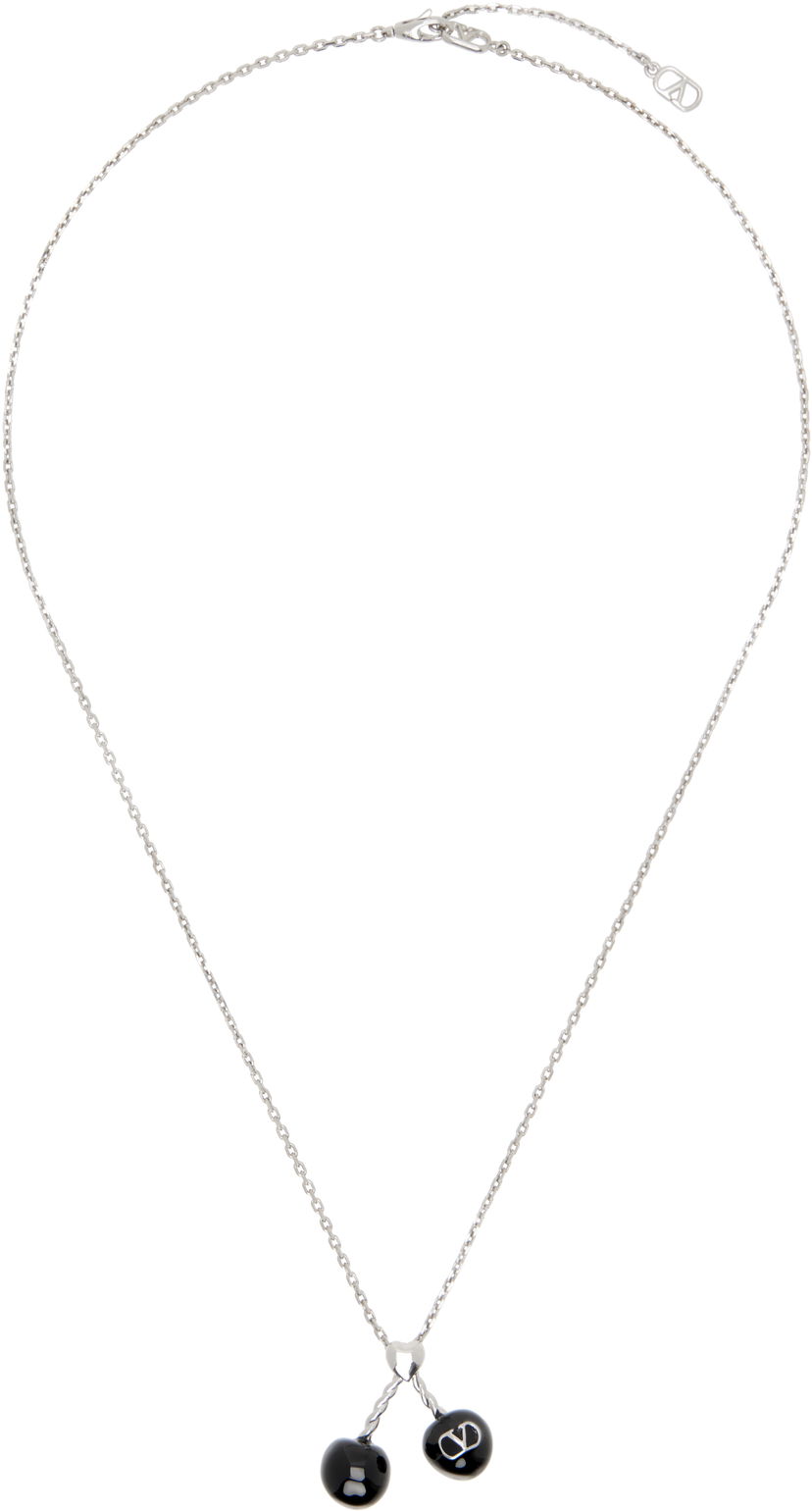 Ogrlica Valentino Valentino Garavani Chez Valentino Silver-Tone and Black Resin Double-Pendant Necklace Crna | 7Y2J0Z82MJP