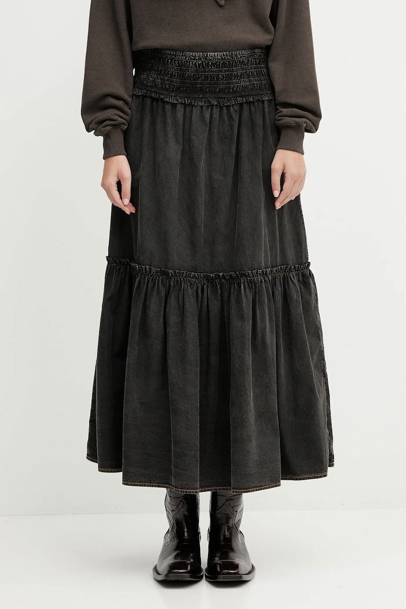Suknja GANNI GANNI Garment Dyed Cotton Smock Maxi Skirt Crna | W0877