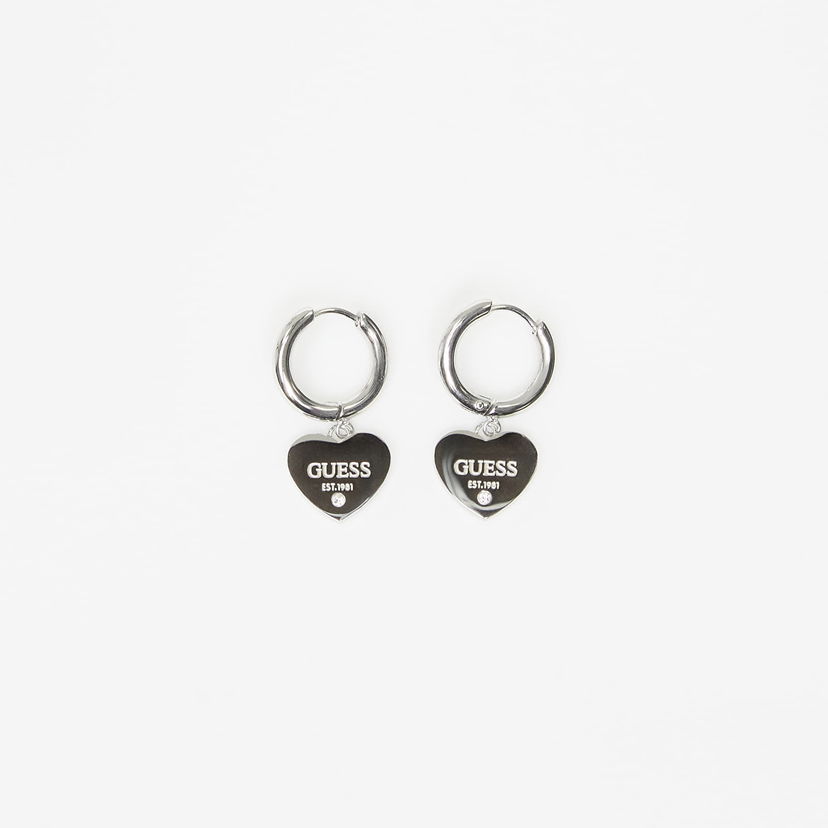 Naušnice GUESS Huggie Earrings with Heart Charm EST.1981 and Crystal Metalik | JUBE03145JWRH-SILVER
