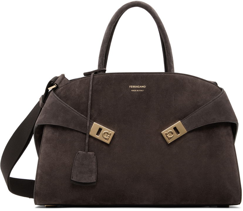 Ručna torbica FERRAGAMO Ferragamo Hug L Suede Satchel Siva | 779241