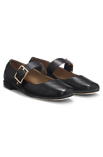 Dodaci BOSS Leather Ballerina Pumps with Buckled Strap Crna | 50548547