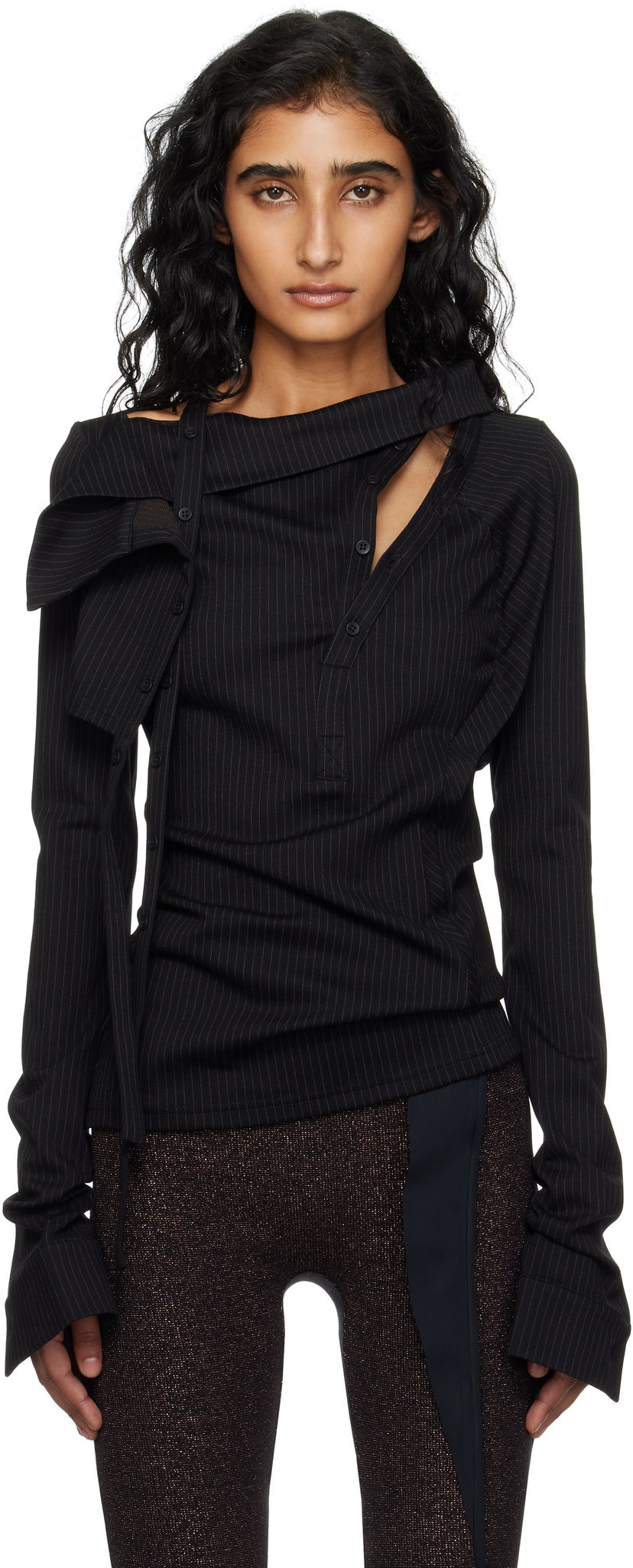 Košulja Ottolinger Ada Pinstripe Asymmetric Long Sleeve Blouse Crna | 102-105904-01
